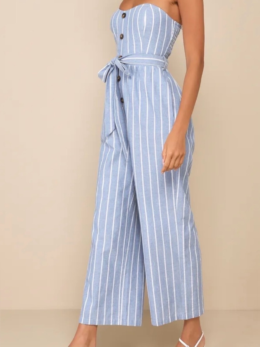 Lulu's Sky Blue & White Strapless Button-Front Jumpsuit with Tie Waist M New